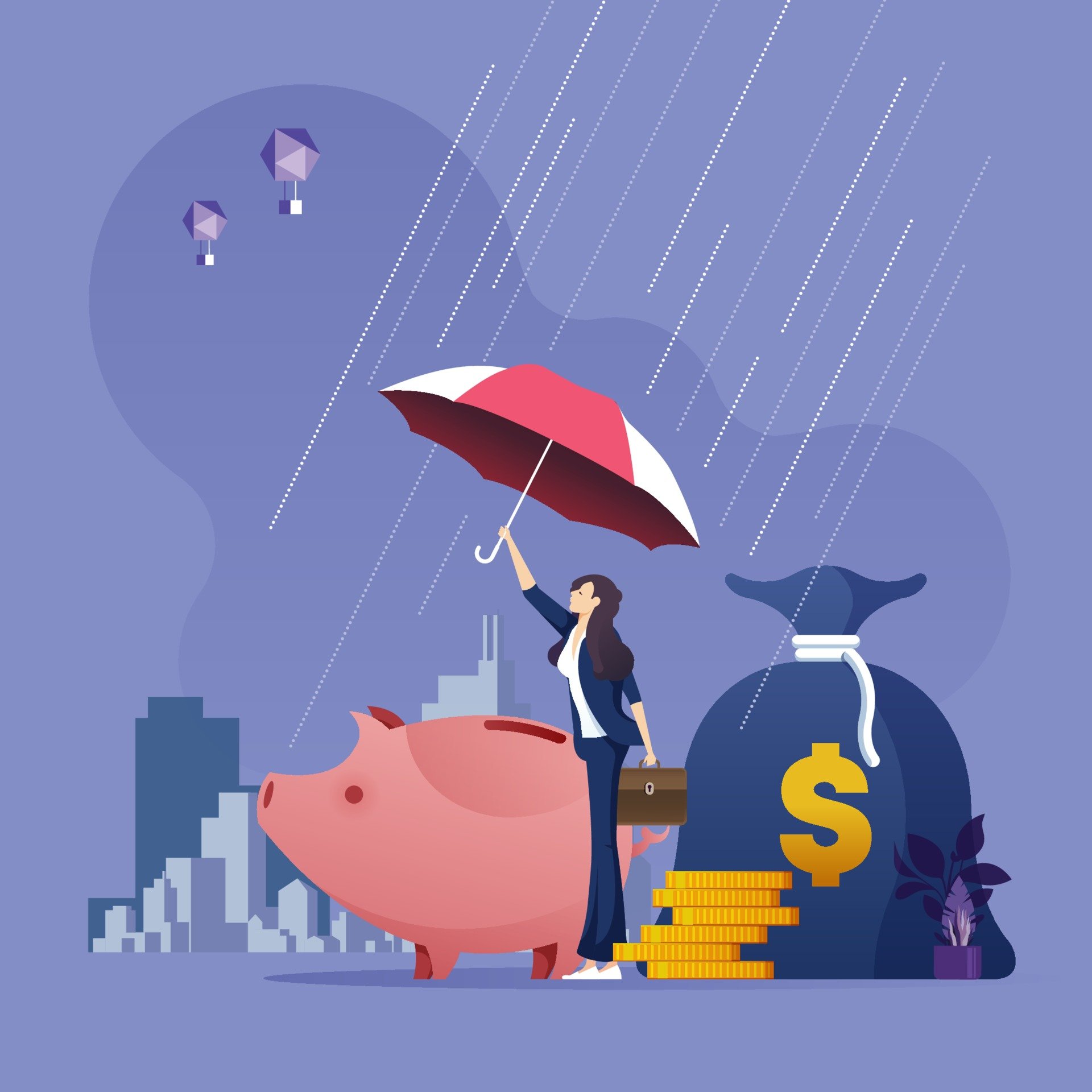 Empresaria com guarda chuva protegendo o dinheiro